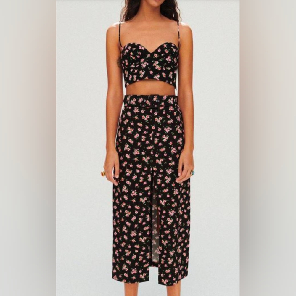 NWT ZARA Black and Pink Floral High Waisted Midi Skirt with Belt